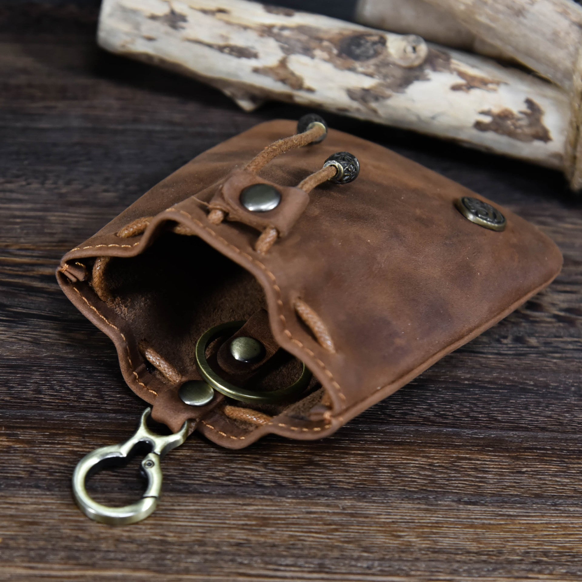 Brown Vintage Crazy Horse Leather Coin Purse Handmade Drawstring Pouch with Belt Clip Small Storage Bag for Coins Keys and Dice EDC