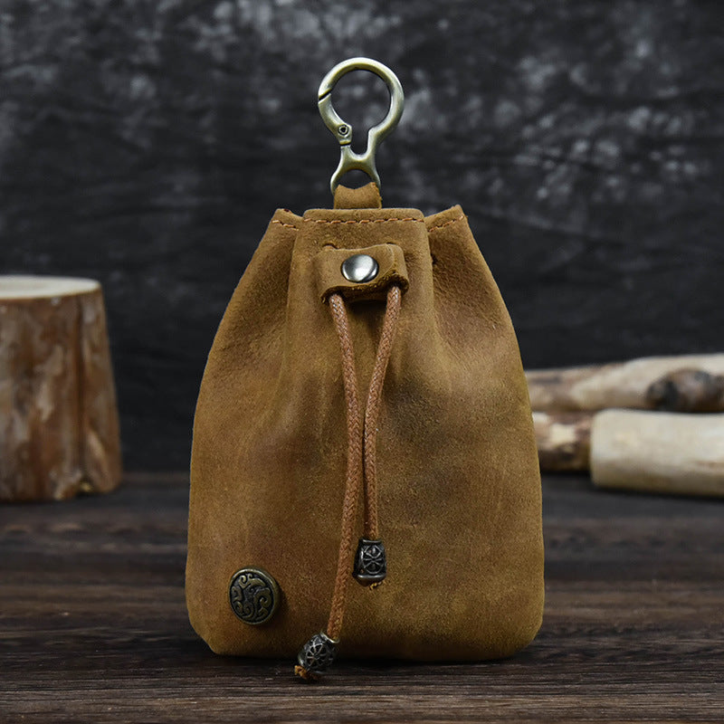 Light Brown Vintage Crazy Horse Leather Coin Purse Handmade Drawstring Pouch with Belt Clip Small Storage Bag for Coins Keys and Dice EDC
