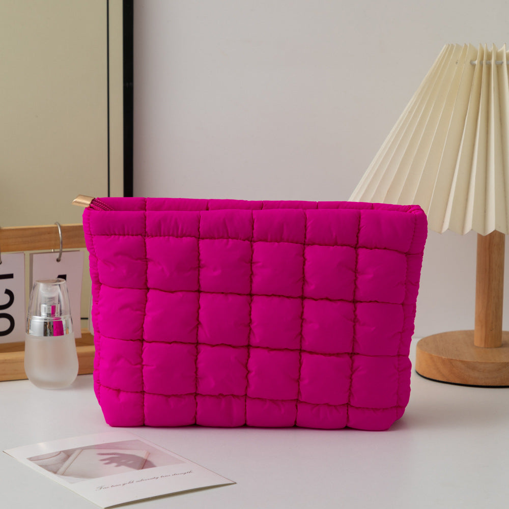 Rose Red 2 Pack Quilted Puffer Clutch Bag Set Checkered Makeup Pouch Women Fashion Cosmetic Organiser for Travel and Daily Use