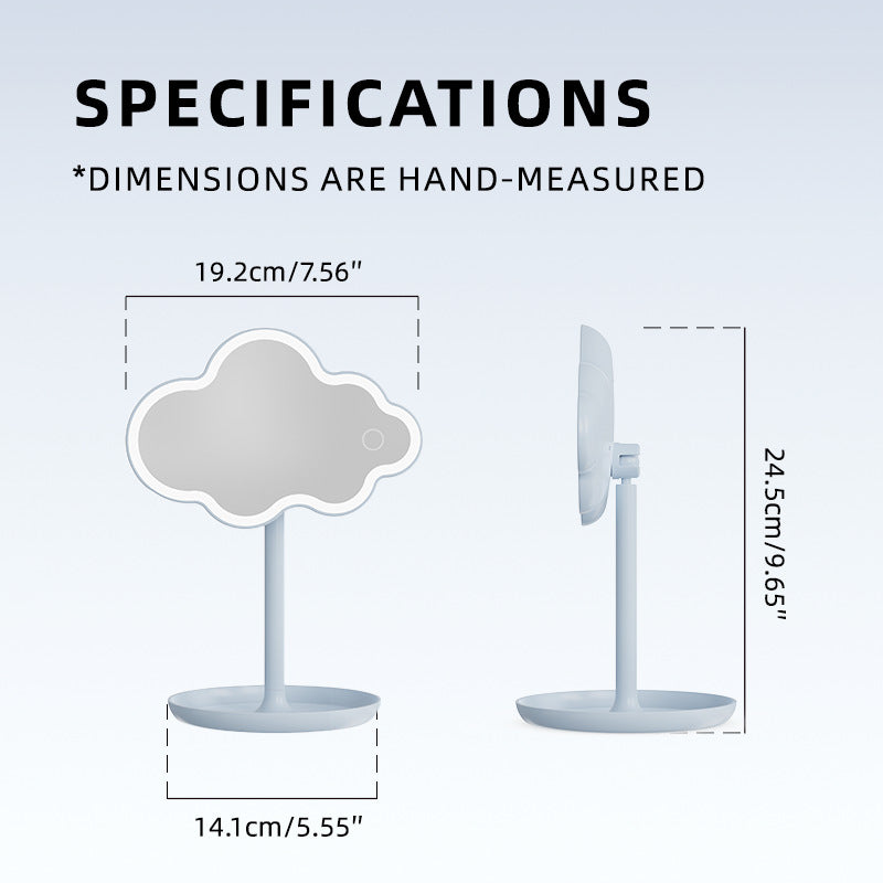 White Cute Cloud Shaped LED Makeup Mirror Desktop Vanity Light with Storage Tray 360 Rotation Cordless Cosmetic Beauty Tool