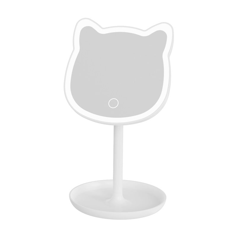 Cute Cat Ear LED Makeup Mirror Desktop Vanity Light with Storage Tray Adjustable Angle Cordless Cosmetic Beauty Tool for Teens