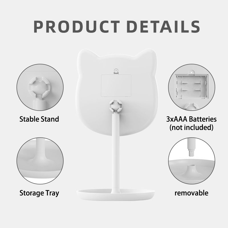Cute Cat Ear LED Makeup Mirror Desktop Vanity Light with Storage Tray Adjustable Angle Cordless Cosmetic Beauty Tool for Teens