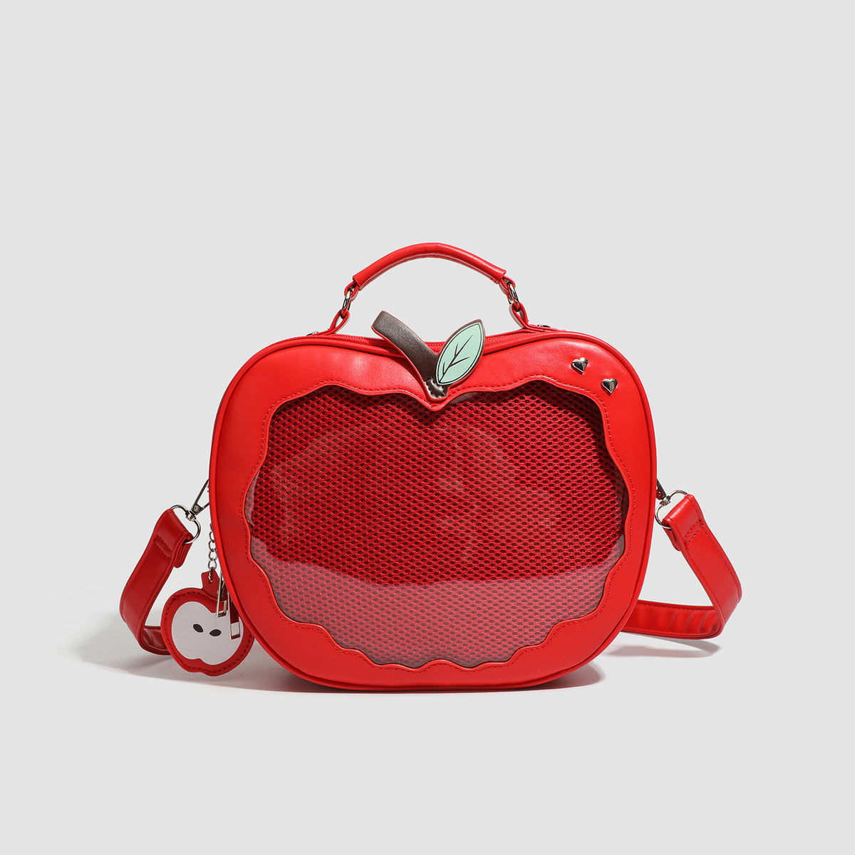 Red Cute Apple Shaped Ita Bag Convertible Backpack Crossbody Purse with Mesh Pin Display Window for Teen Girls and Daily Use