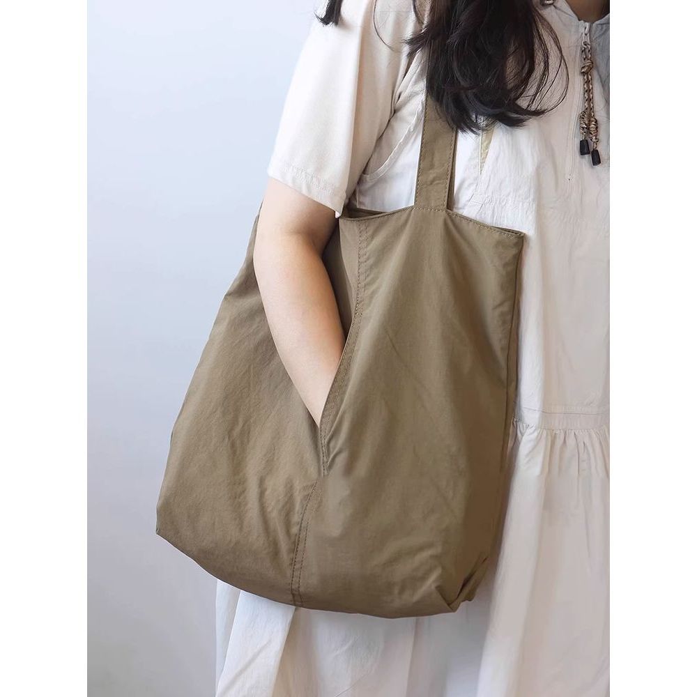 Light Brown Women's Minimalist Nylon Tote Bag Ultra Lightweight Shoulder Shopper Large Capacity Fits A4 Documents for Work and School