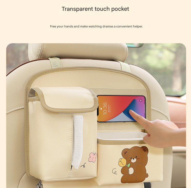 Brown Cute Bear Car Back Seat Organiser PU Leather Hanging Storage Pouch with Tissue Box Holder and Umbrella Strap Universal Travel Accessory