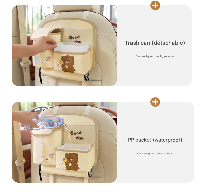 Brown Cute Bear Car Back Seat Organiser PU Leather Hanging Storage Pouch with Tissue Box Holder and Umbrella Strap Universal Travel Accessory