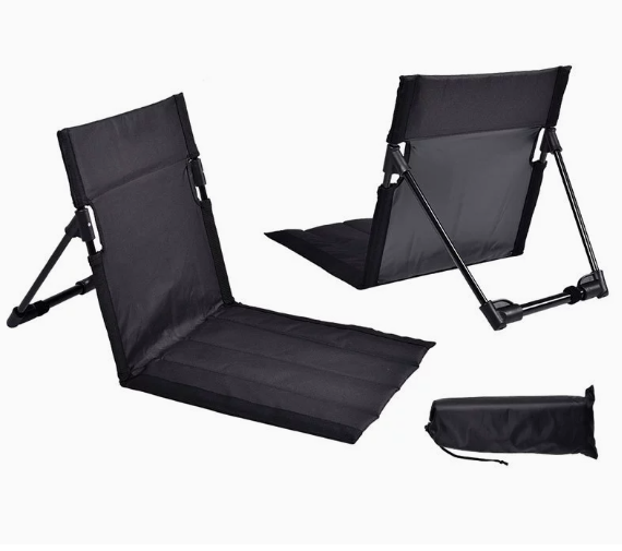 Black Portable Outdoor Ground Chair with Back Support Folding Beach Mat Seat Lightweight Aluminium Frame for Camping Festivals and Picnics