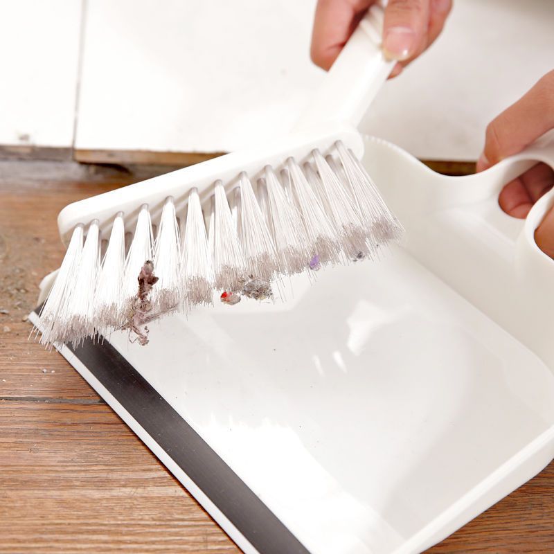 Beige Mini Dustpan and Brush Set Handheld Sweeping Broom with Rubber Lip for Desktop Kitchen Car and Camping Cleaning