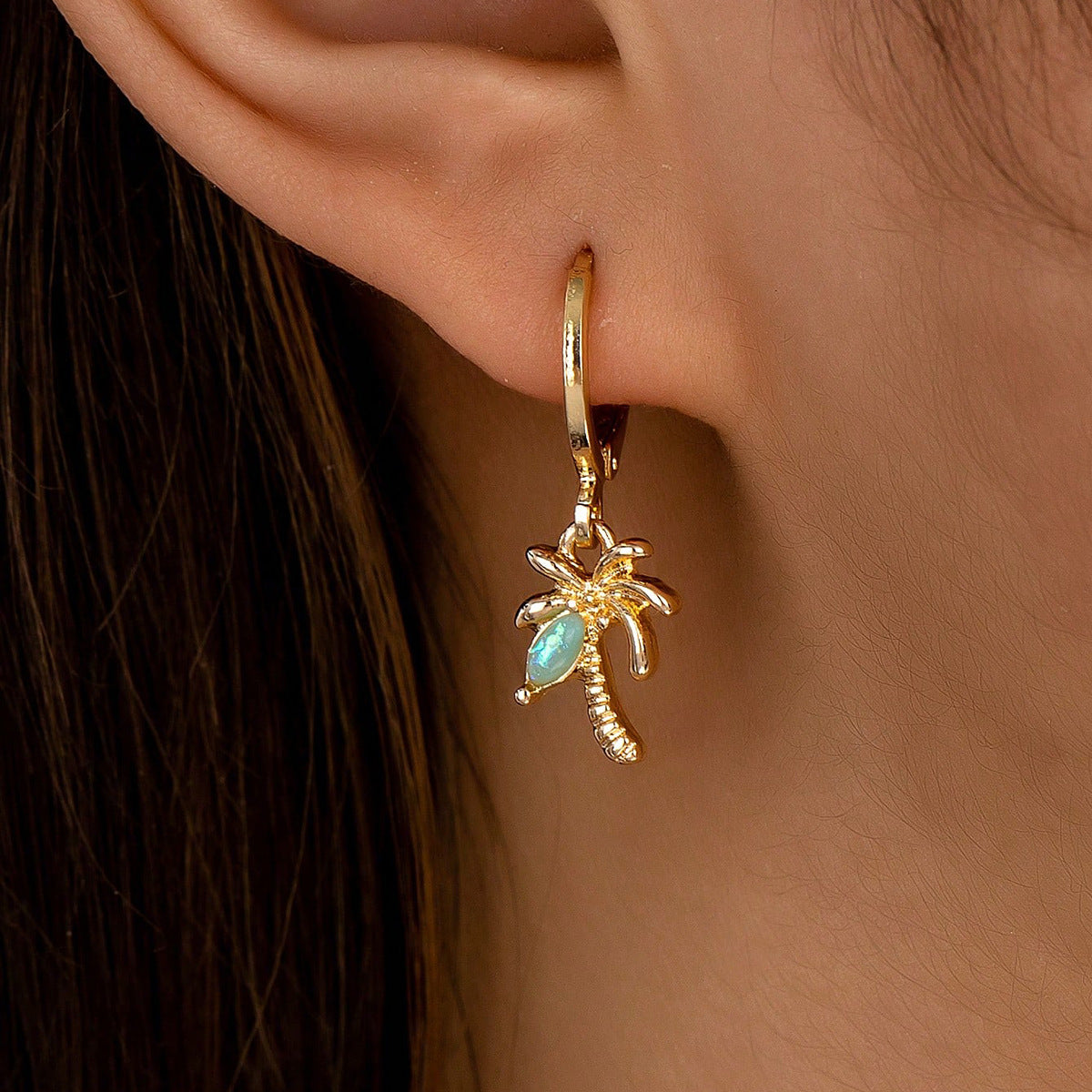 3 Pair Gold Tone Huggie Hoop Earrings Set Tropical Palm Tree Sea Turtle and Fish Charms Beach Holiday Jewellery for Women