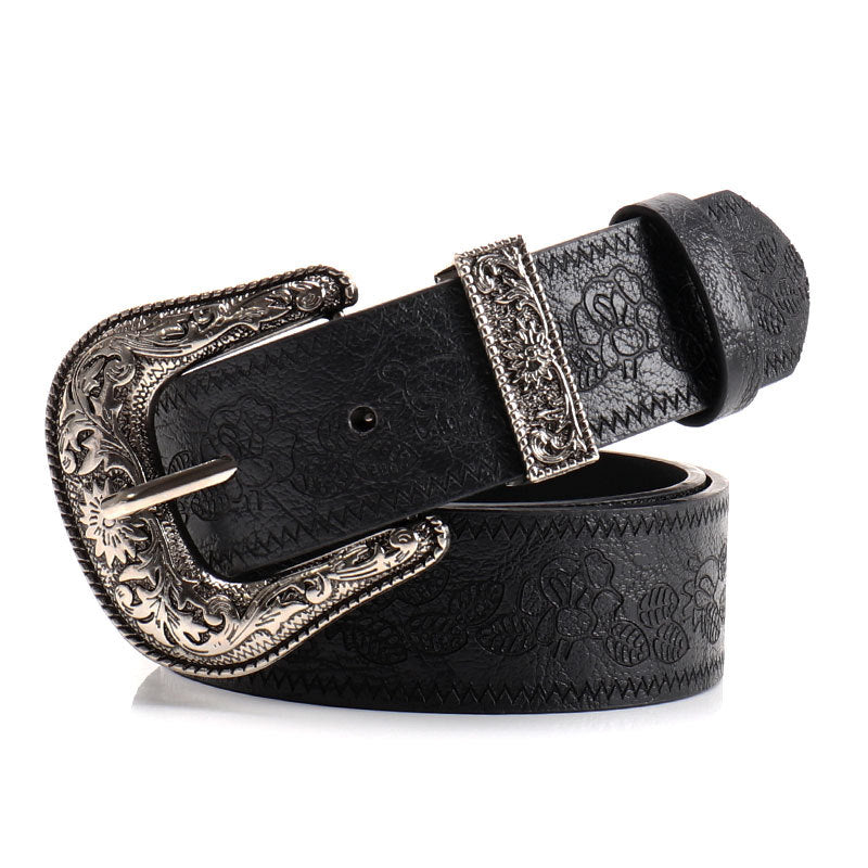 Black Women's Western Style Embossed Belt 2 Pack Vintage PU Leather Waistband with Antique Silver Buckle for Jeans and Dresses Y2K Fashion