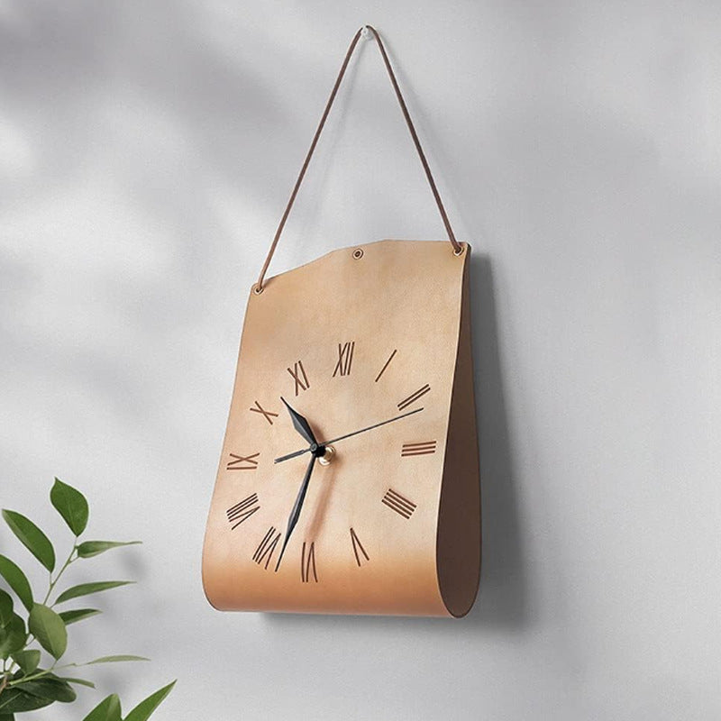 Light Brown Nordic Style PU Leather Hanging Wall Clock Vintage Industrial Design with Roman Numerals Creative Art Timepiece for Cafe Living Room and Office