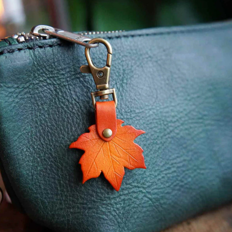 Orange 3 Pack PU Leather Maple Leaf Keychain Set Vintage Style Autumn Leaf Keyring Bag Charm Pendant for Women Handbag and Car Keys