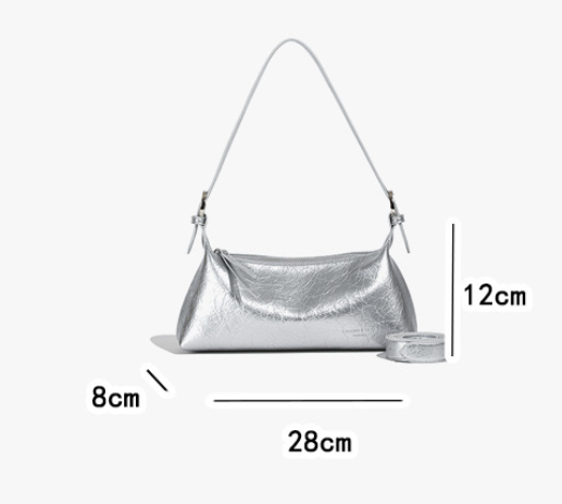Beige Women's Metallic Silver Underarm Baguette Bag French Style PU Leather Shoulder Purse with Adjustable Crossbody Strap for Evening and Daily Use