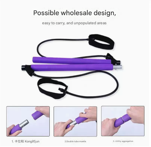 Purple Portable Pilates Bar Kit with Resistance Bands Detachable Toning Stick for Home Gym Yoga & Stretching - Durable Metal Core