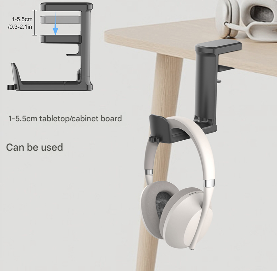 Black Under Desk Headphone Hanger Clamp 360 Degree Rotating - Adjustable Headset Holder Hook with Cable Organiser for Home Office & Gaming Setup (Fits 1-5.5cm Desks)