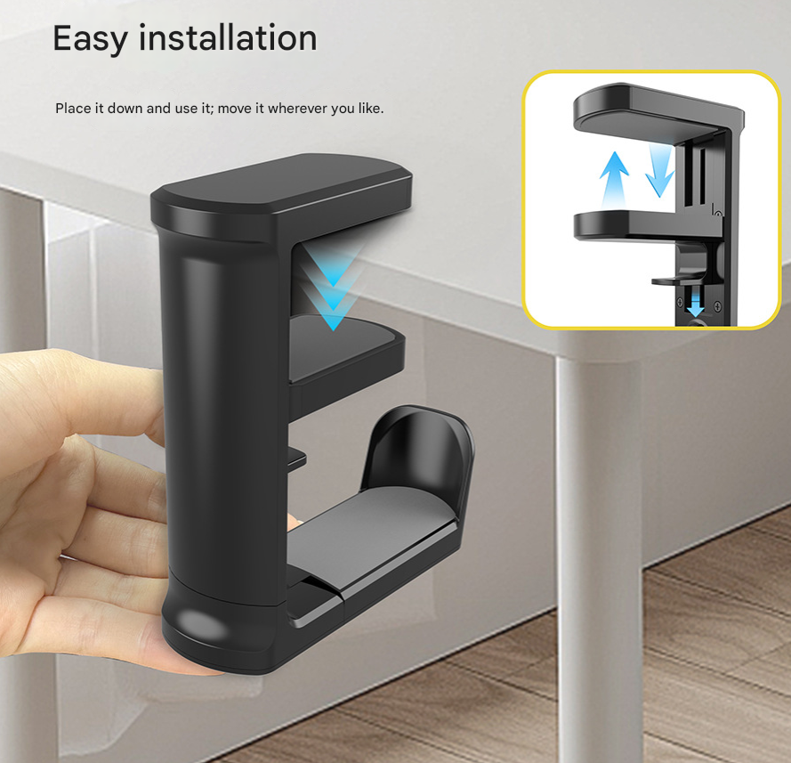 White Under Desk Headphone Hanger Clamp 360 Degree Rotating - Adjustable Headset Holder Hook with Cable Organiser for Home Office & Gaming Setup (Fits 1-5.5cm Desks)