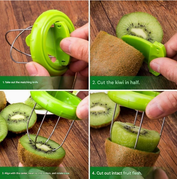 Green 4 Pack Kiwi Fruit Cutter and Peeler Tool with Detachable Knife - Stainless Steel Wire Slicer for Dragon Fruit & Soft Fruits - Mess-Free Kitchen Gadget