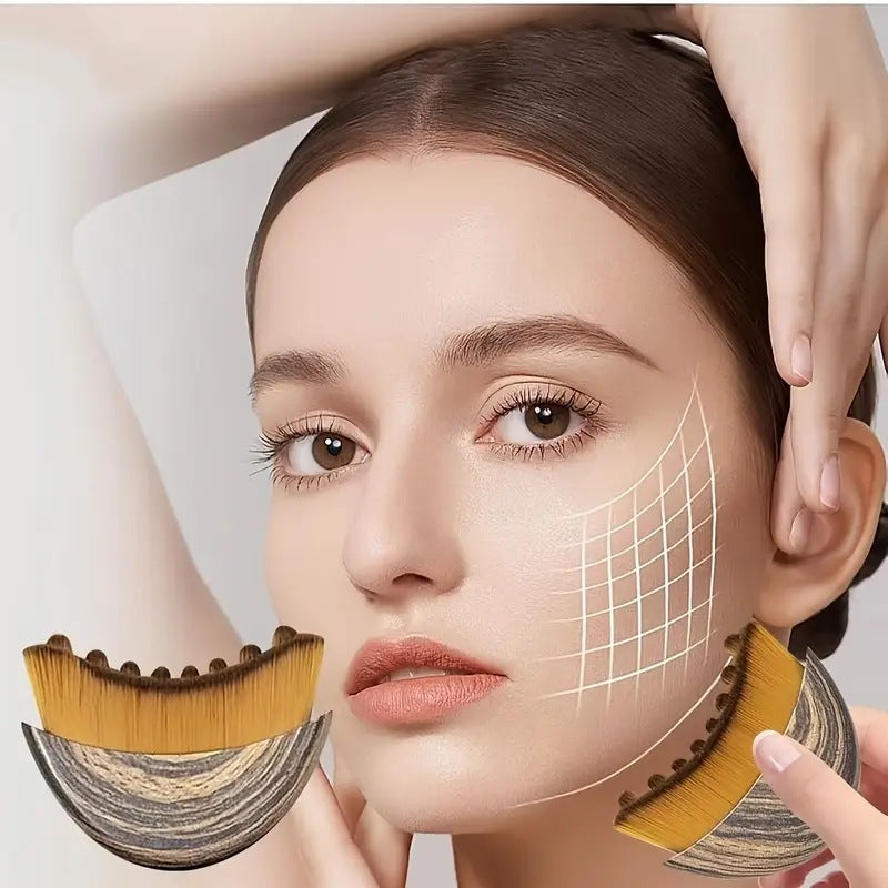 Two-piece Facial Contour and Massage Brush with Storage Case - Soft High-Density Bristles for Face Neck &amp; Lymphatic Care - Portable Ergonomic Design (Wood Pattern)