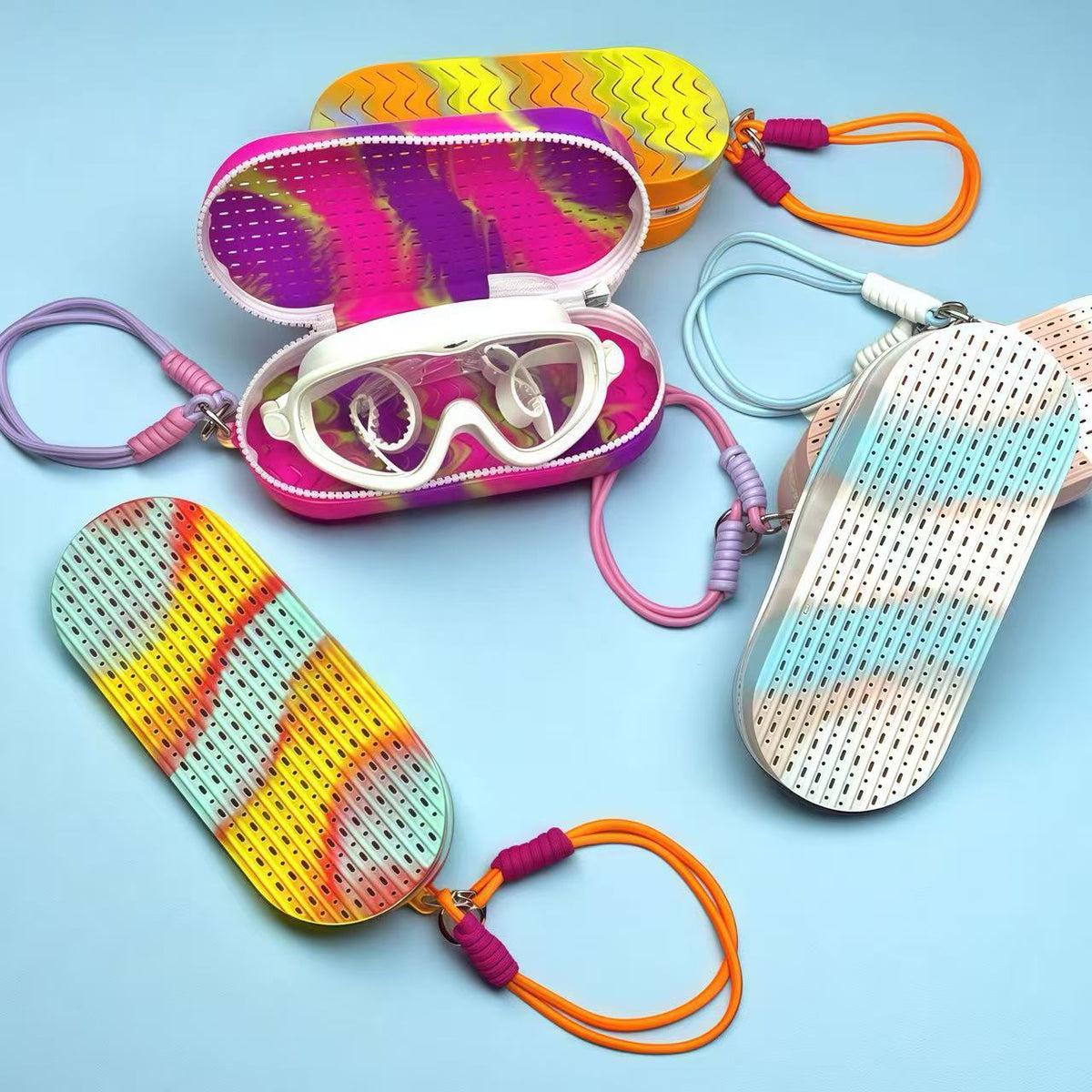 Yellow-orange Breathable Silicone Swim Goggles Case Shockproof Sunglasses Protector Box Portable Large Capacity Storage Pouch with Hanging Strap for Swimming and Travel