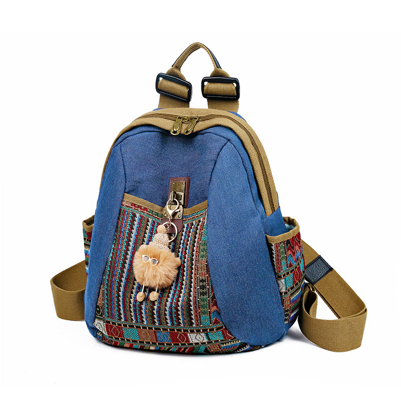 Vintage Denim Backpack with Boho Embroidery - Spacious Lightweight Daypack for Women - Casual Canvas Rucksack for Travel, School &amp; Festivals (39cm Height)