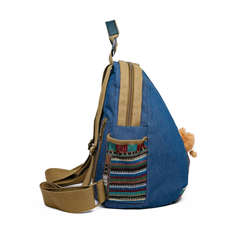Vintage Denim Backpack with Boho Embroidery - Spacious Lightweight Daypack for Women - Casual Canvas Rucksack for Travel, School & Festivals (39cm Height)