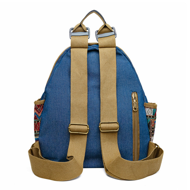 Vintage Denim Backpack with Boho Embroidery - Spacious Lightweight Daypack for Women - Casual Canvas Rucksack for Travel, School & Festivals (39cm Height)