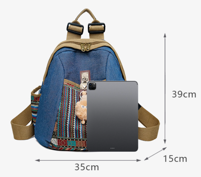 Vintage Denim Backpack with Boho Embroidery - Spacious Lightweight Daypack for Women - Casual Canvas Rucksack for Travel, School & Festivals (39cm Height)