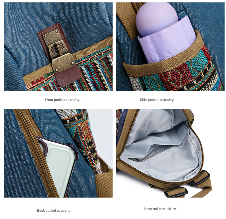 Vintage Denim Backpack with Boho Embroidery - Spacious Lightweight Daypack for Women - Casual Canvas Rucksack for Travel, School & Festivals (39cm Height)