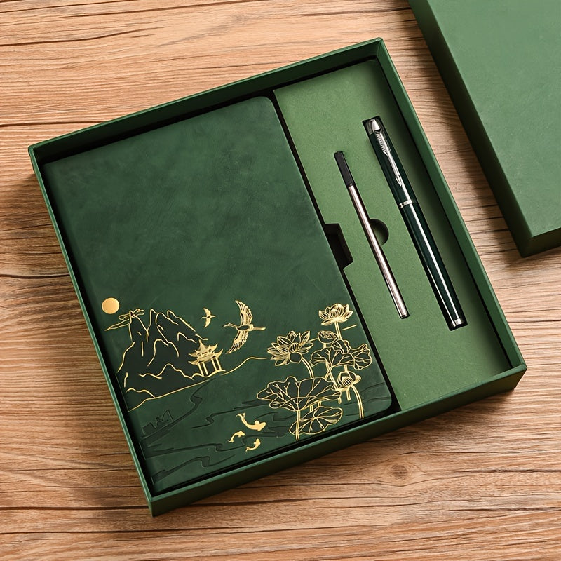 Green A5 Premium Notebook Gift Set with Pen - Red PU Leather Journal with Gold Oriental Art - 200 Pages Business Diary &amp; Corporate Gift Box (Lotus &amp; Crane Design)