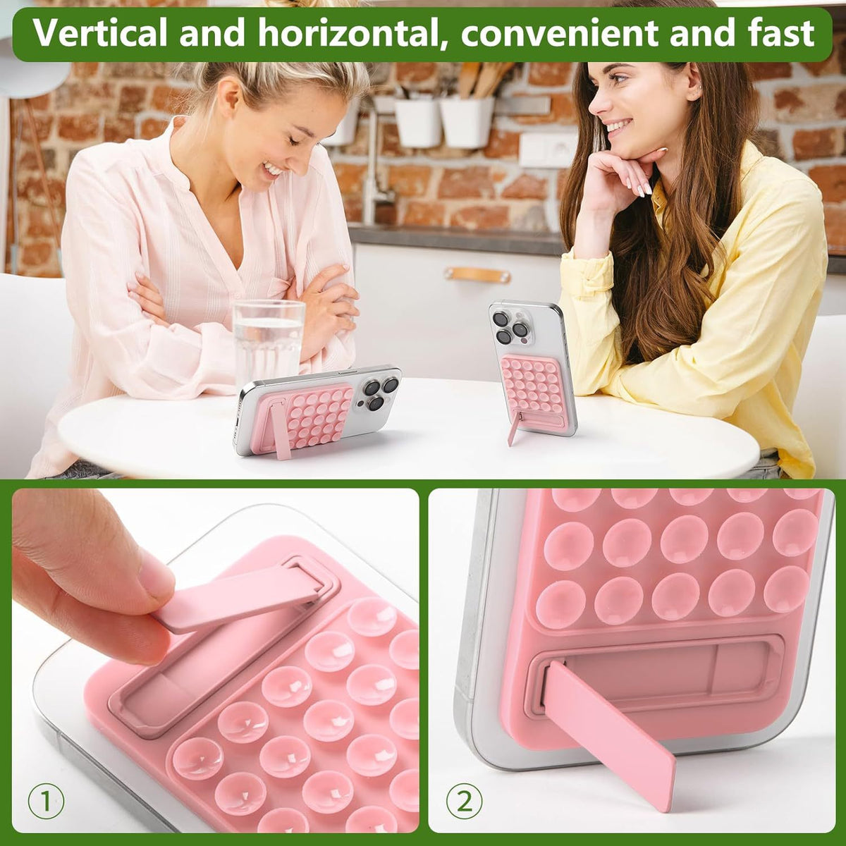 Blue 4 Pack Silicone Suction Phone Mount with Foldable Kickstand - Adhesive Sticky Grip Pad for Mirrors & Glass - 2-in-1 Hands-Free Holder for Content Creation