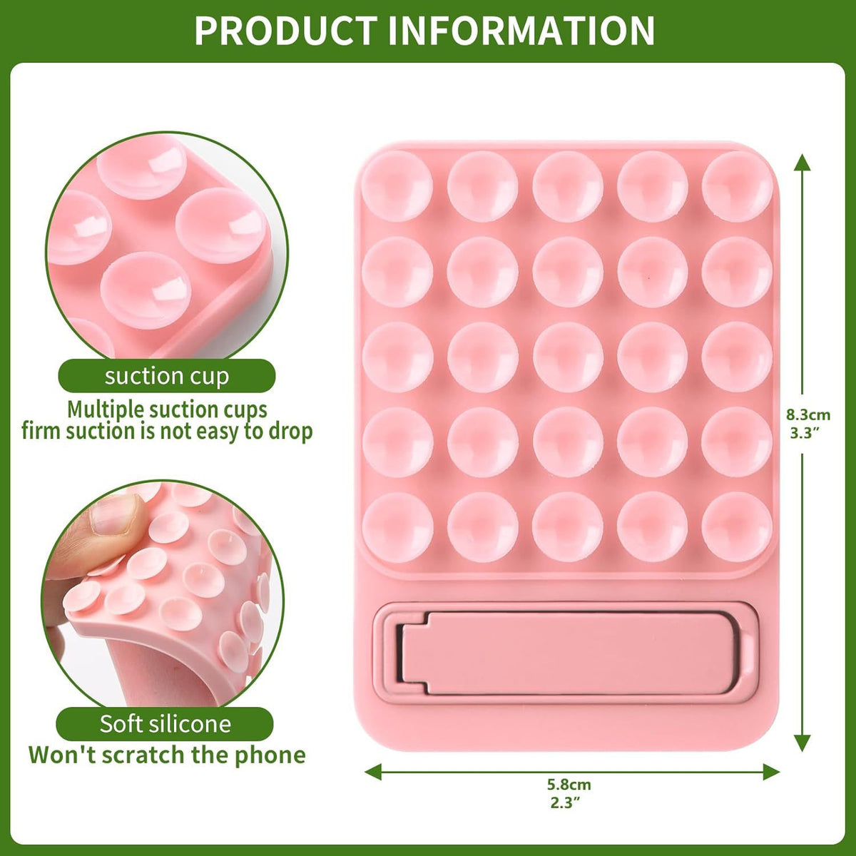 Pink 4 Pack Silicone Suction Phone Mount with Foldable Kickstand - Adhesive Sticky Grip Pad for Mirrors & Glass - 2-in-1 Hands-Free Holder for Content Creation