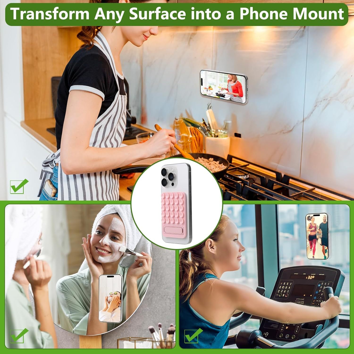 Pink 4 Pack Silicone Suction Phone Mount with Foldable Kickstand - Adhesive Sticky Grip Pad for Mirrors & Glass - 2-in-1 Hands-Free Holder for Content Creation