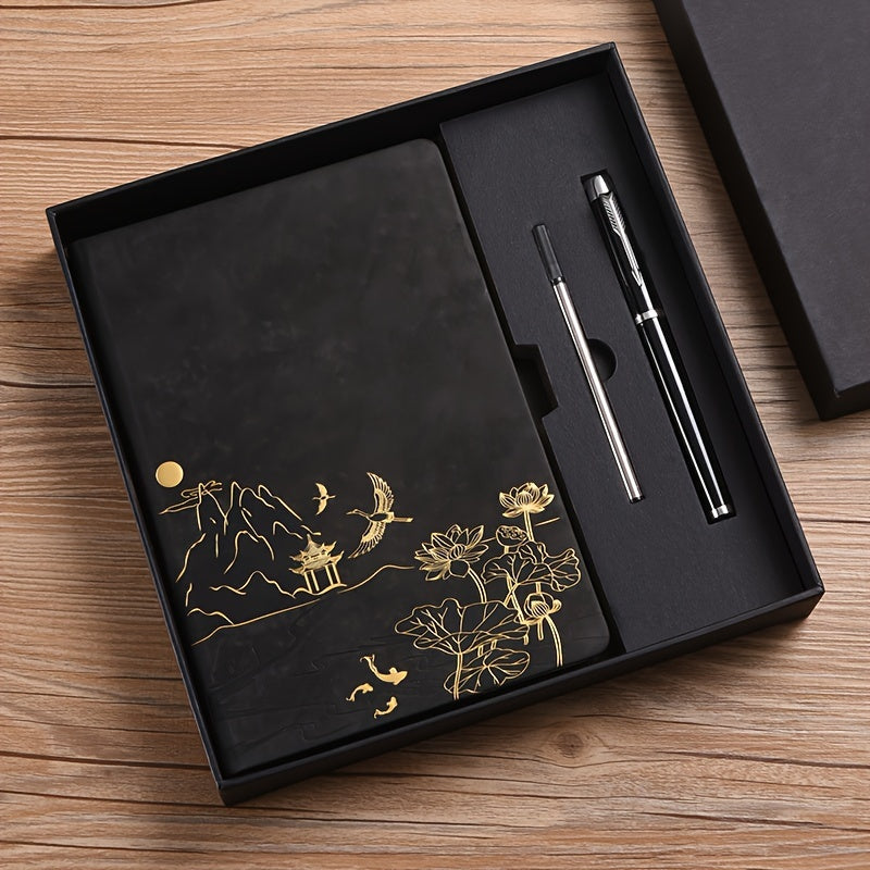 Black A5 Premium Notebook Gift Set with Pen - Red PU Leather Journal with Gold Oriental Art - 200 Pages Business Diary & Corporate Gift Box (Lotus & Crane Design)