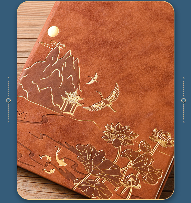 Black A5 Premium Notebook Gift Set with Pen - Red PU Leather Journal with Gold Oriental Art - 200 Pages Business Diary & Corporate Gift Box (Lotus & Crane Design)