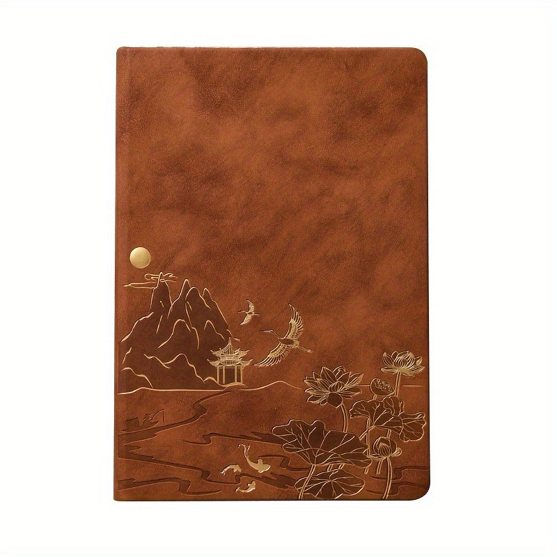 Brown A5 Premium Notebook Gift Set with Pen - Red PU Leather Journal with Gold Oriental Art - 200 Pages Business Diary &amp; Corporate Gift Box (Lotus &amp; Crane Design)