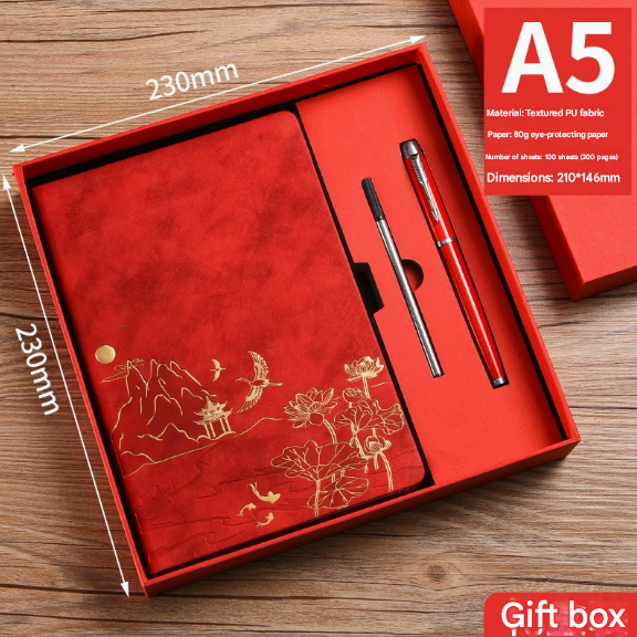 Brown A5 Premium Notebook Gift Set with Pen - Red PU Leather Journal with Gold Oriental Art - 200 Pages Business Diary & Corporate Gift Box (Lotus & Crane Design)