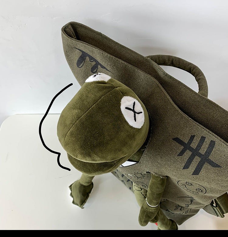 Green 3D Frog Graffiti Canvas Backpack Large Capacity 37x40cm School Bag for Students and Uni Students - Creative Aesthetic Rucksack