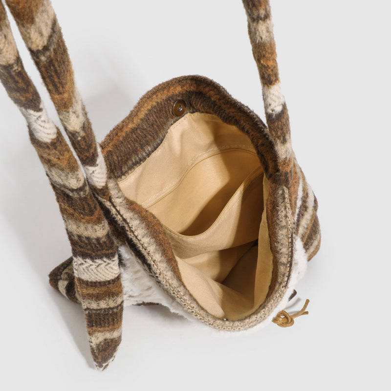 Women's Fur Splicing Large Tote Bag Wool Knit Shoulder Crossbody Bag for Casual Commute 40x36cm