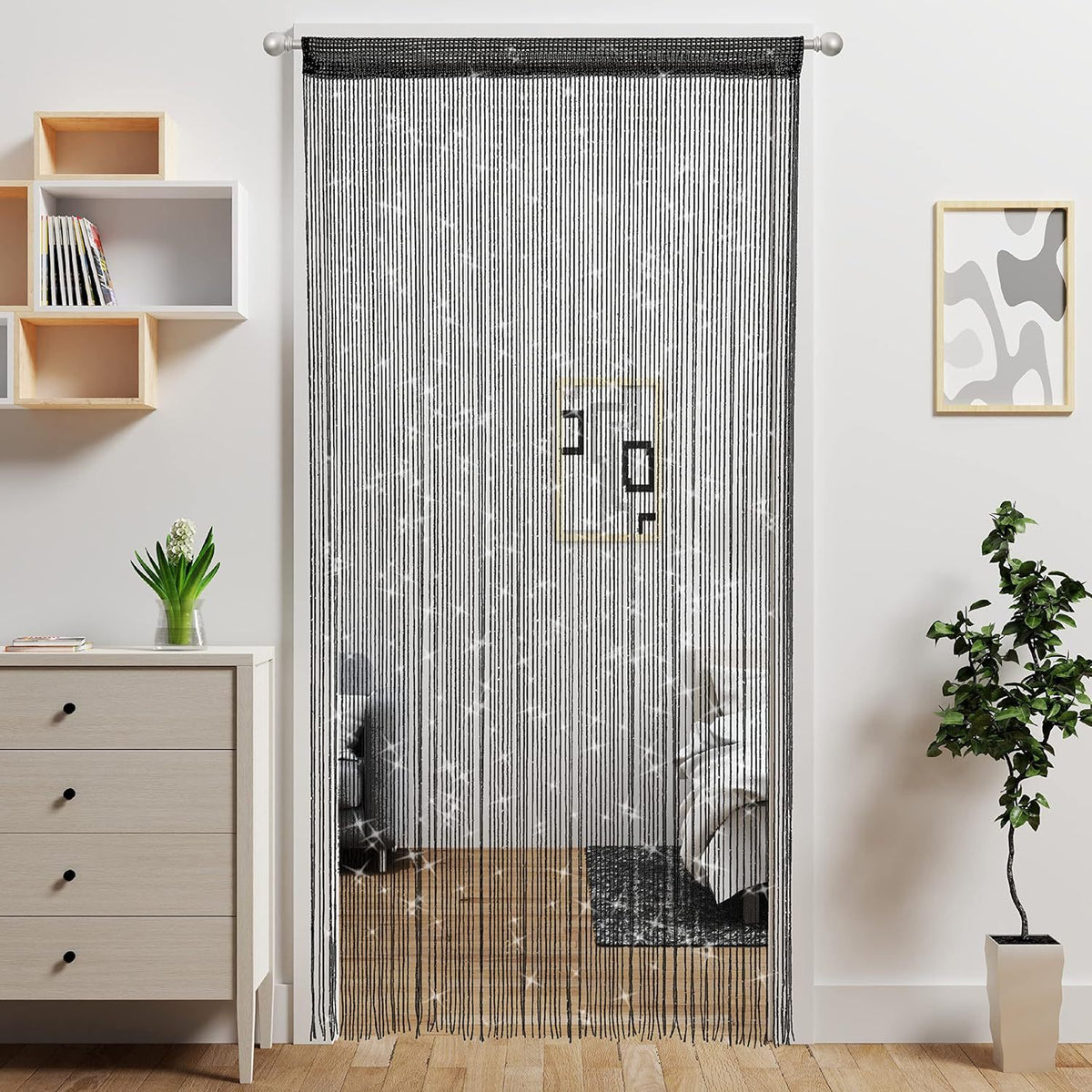 Black 2 Pack Sparkle String Door Curtains 100x200cm Glitter Sequin Tassel Room Divider for Australian Home Decor and Parties