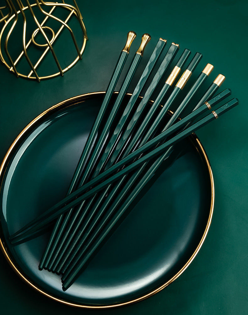 Two-piece Set Premium Alloy Chopsticks Set of 5 Pairs - 24.3cm Emerald Green and Gold Luxury Reusable Utensils for Modern Australian Dining