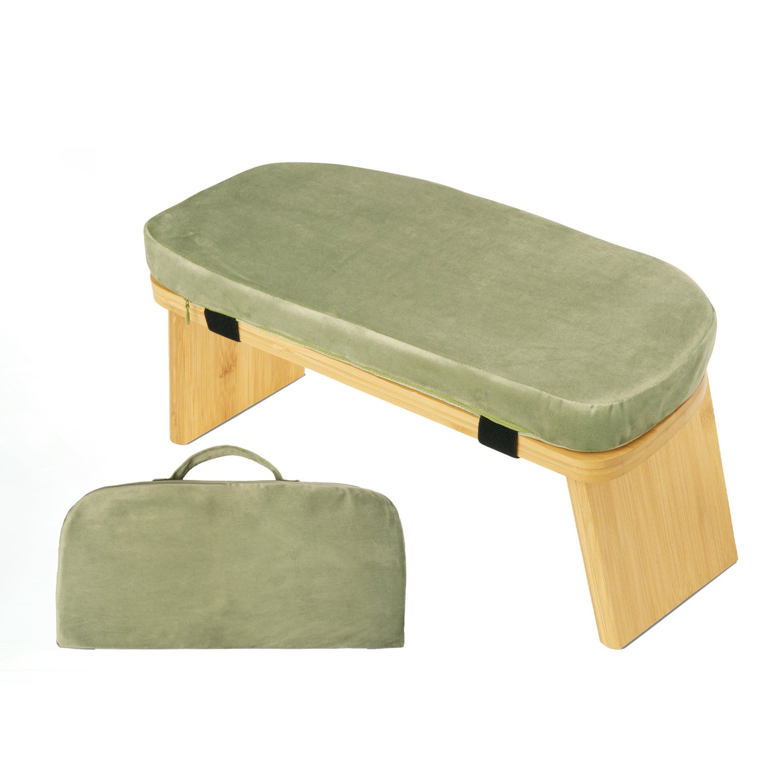 Green Foldable Wooden Meditation Stool with Padded Cushion 45x21cm - Portable Yoga Kneeling Bench with Carry Bag for Mindfulness and Home Zen