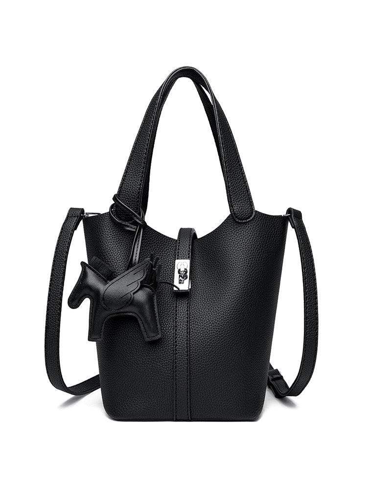 Black Women's Small PU Leather Bucket Bag with Secure Lock and Horse Charm - 20cm Compact Crossbody Handbag for Everyday Use