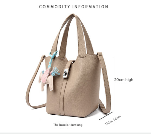 Black Women's Small PU Leather Bucket Bag with Secure Lock and Horse Charm - 20cm Compact Crossbody Handbag for Everyday Use