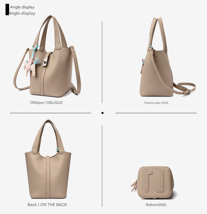 Khaki Women's Small PU Leather Bucket Bag with Secure Lock and Horse Charm - 20cm Compact Crossbody Handbag for Everyday Use