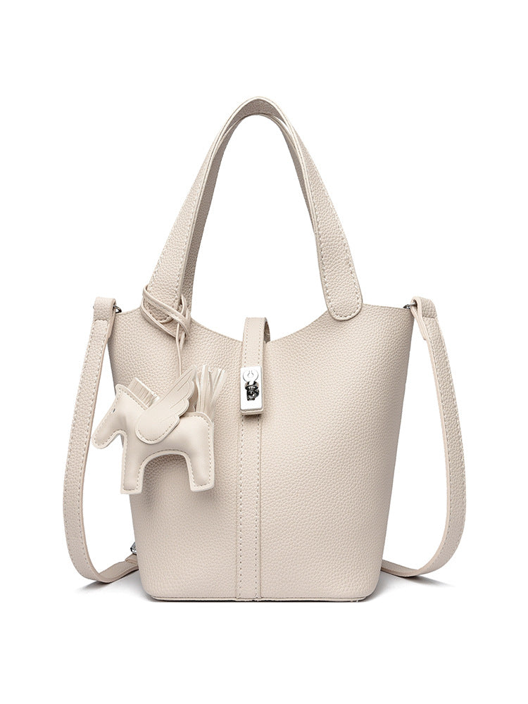Beige Women's Small PU Leather Bucket Bag with Secure Lock and Horse Charm - 20cm Compact Crossbody Handbag for Everyday Use