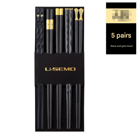 Two-piece Set Premium Alloy Chopsticks Set of 5 Pairs - 24.3cm Black and Gold Luxury Reusable Utensils for Modern Australian Dining