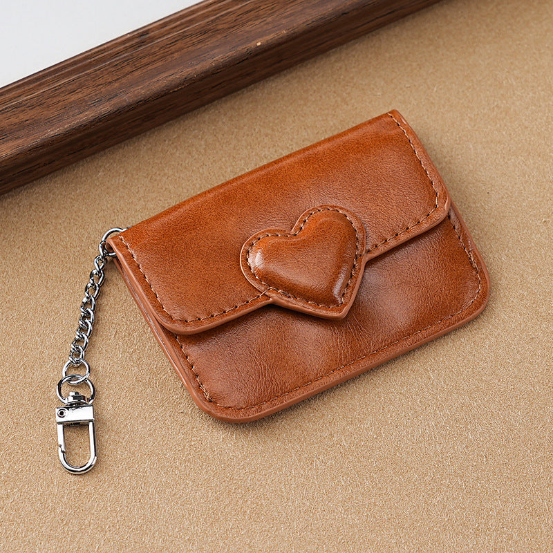 2PCS Brown Women's Slim PU Leather Card Holder with Cute Heart Detail and Keychain Clip - Ultra Thin Portable Card Sleeve for Daily Use and Gifting