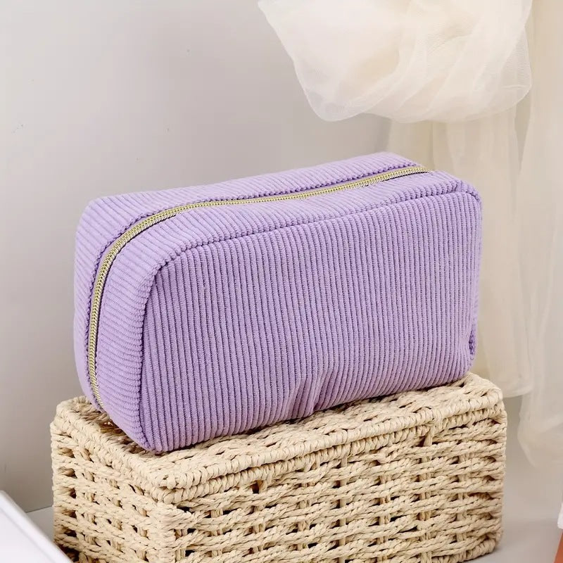 Purple Corduroy Cosmetic Bag Large Capacity 20cm Makeup Pouch for Lipstick Jewelry and Keys - Soft Portable Travel Toiletry Organiser