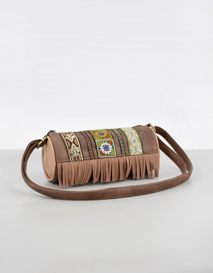 Boho Ethnic PU Leather Cylindrical Crossbody Bag with Embroidery and Fringe - 21cm Vintage Retro Drum Bag for Daily Use