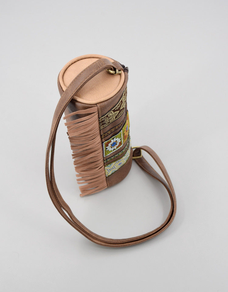 Boho Ethnic PU Leather Cylindrical Crossbody Bag with Embroidery and Fringe - 21cm Vintage Retro Drum Bag for Daily Use